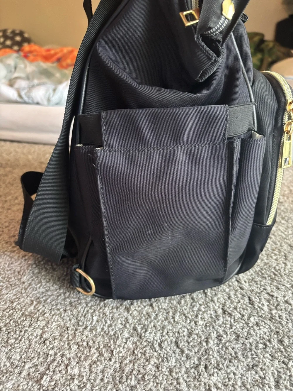 Black Quilted Baby Bag Tote with Gold Accents